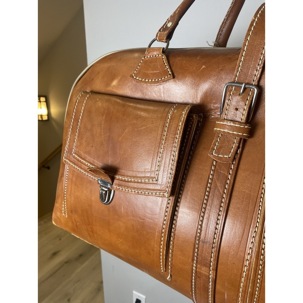 Vintage 70's Tan Leather Duffel Bag Weekend Travel Carry On Luggage Brown Pocket - Picture 2 of 14